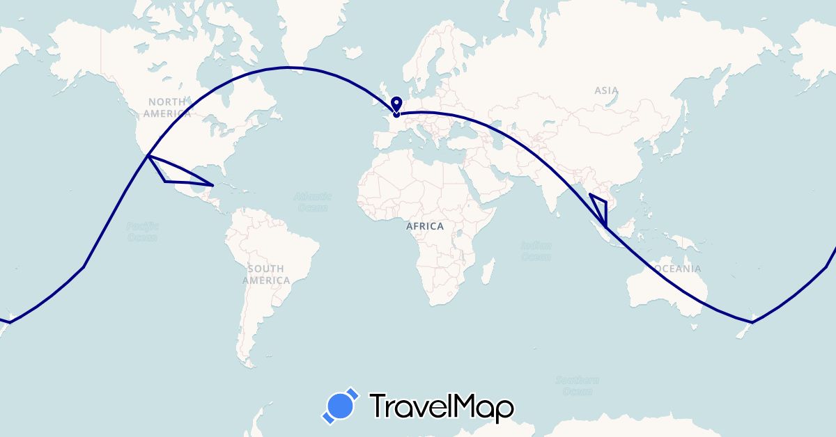 TravelMap itinerary: driving in France, Cambodia, Myanmar (Burma), Mexico, New Zealand, French Polynesia, Singapore, United States (Asia, Europe, North America, Oceania)
